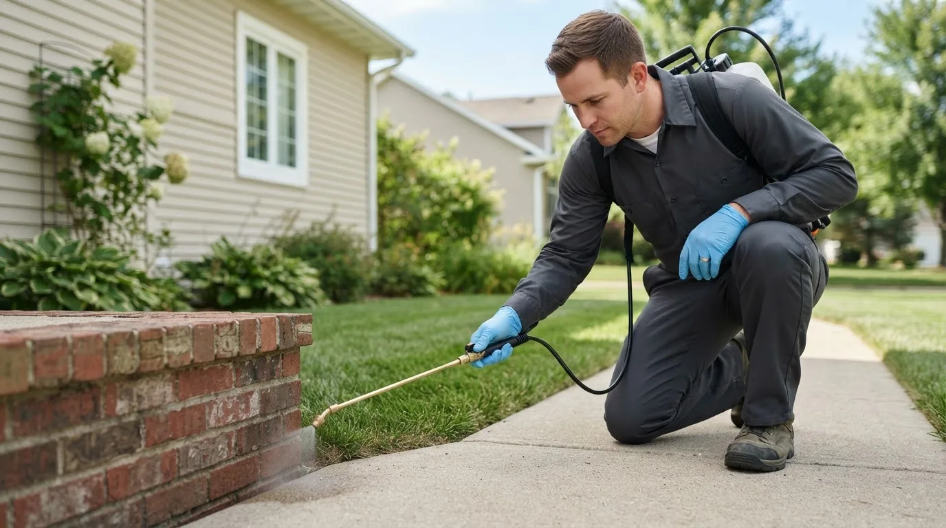 Pest control technician treating a home near Madison, CT